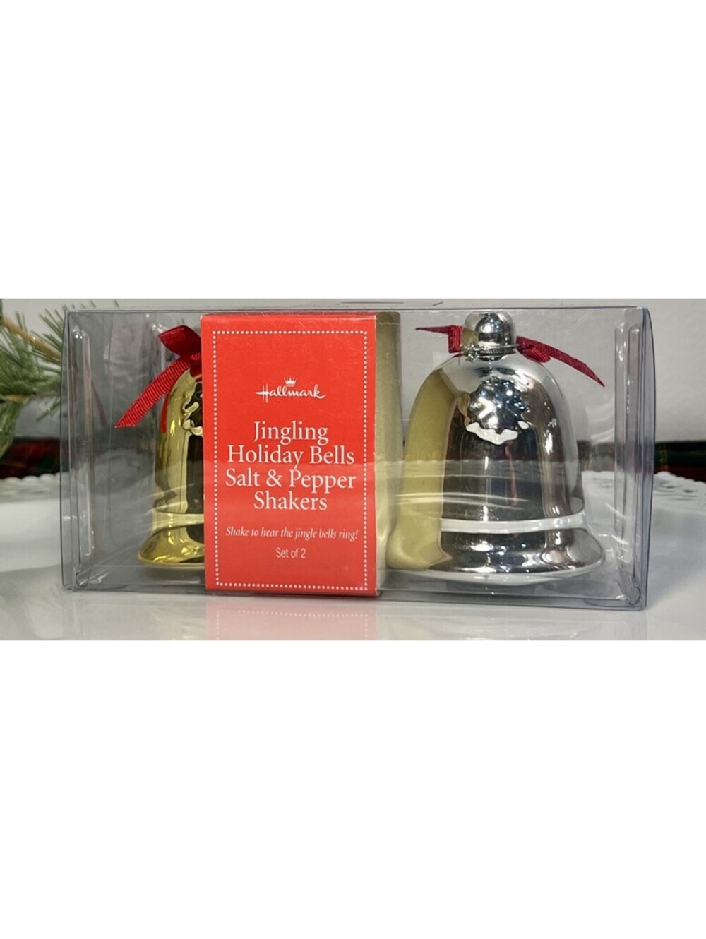 Hallmark Jingling Holiday Bells Salt & Pepper Shakers Gold Silver Jingle NIB